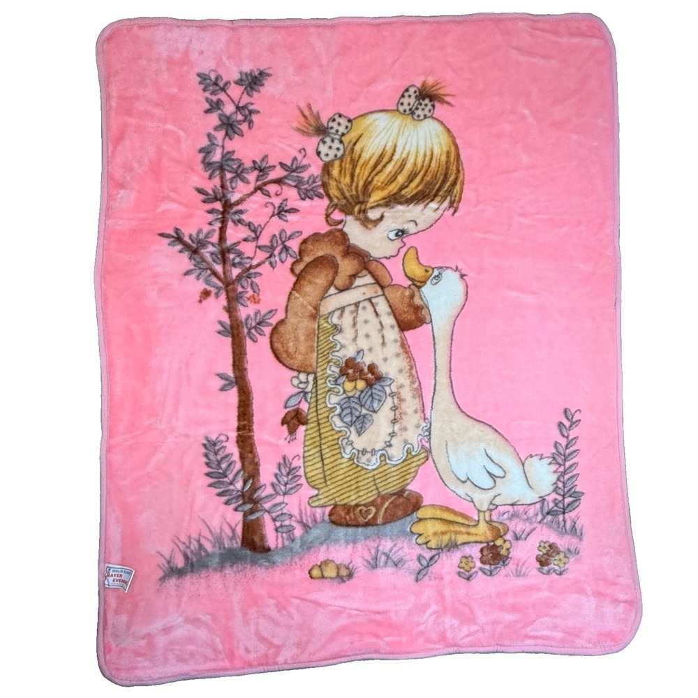 Vtg Korean Mink Baby Blanket Precious Moments Girl Duck Goose Pink Cottage 80s